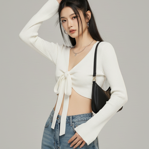 Pull court en tricot côtelé uni pour femmes, tendance, avec nœud torsadé sur le devant, col en V, ensemble de hauts en tricot, 100% coton, écologique - Product Image 1