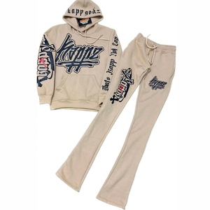 Ensemble de survêtement unisexe pour homme, 100% coton molletonné, séchage rapide, pantalon évasé et sweat à capuche à ourlet brut - Product Image 1