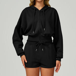 Personnalisé deux pièces femme coton vierge fermeture éclair recadrée survêtements jogging à capuche survêtements pour femmes ensemble 2 pièces - Product Image 5