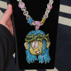 จี้ใบหน้าการ์ตูนเงินสเตอริง925ออกแบบได้ตามต้องการสีเขียวประดับเพชรโมอิสสีเขียวมงกุฎสีไม่เหมือนใครสร้อยคอฮิปฮอปสีเขียว - Product Image 2