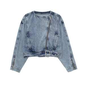 OEM Veste de moto en jean délavé vintage personnalisée pour femmes, style court avec fermetures à glissière, vêtements d'extérieur à la mode - Product Image 3