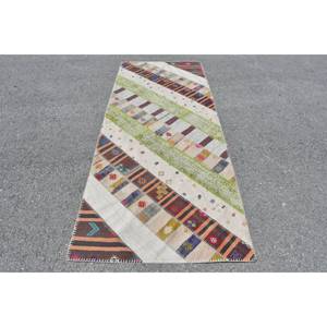 Beige Kilim 3,3 X 8.3ft Alfombra de lana turca hecha a mano Tejido plano Jacquard Técnica Patchwork Patrón para pasillo Rectángulo Tabriz - Product Image 1