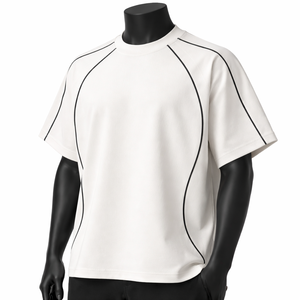 Camiseta Personalizada Extra Grande con Ribete en Contraste para Hombre, Blanca, Estilo Urbano Minimalista, Raglán, de Algodón, Manga Corta - Product Image 3