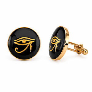 Gemelos Hechos a Mano con Diseño de Ojo de Horus, Esmalte Negro con Grabado Dorado, para Compromisos, Bodas y Ocasiones Formales - Product Image 1
