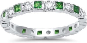 Anillo Eternity con Esmeralda Verde Simulada Redonda Alternante, Banda de Plata de Ley 925 - Product Image 2