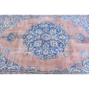 Alfombra Vintage, Alfombra Grande de 6.7x9.6 pies, Alfombra de Lana Azul y Rosa - Product Image 4