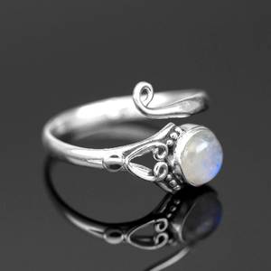<b>Adjustable</b> Sterling <b>Silver</b> Round Moonstone <b>Ring</b> with Oval Cut Diamond Bezel Setting for Weddings or Parties - Product Image 4