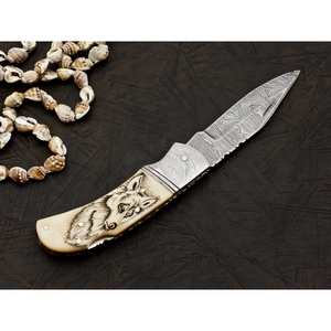 Couteau de poche pliant en acier damas personnalisé Offre Spéciale avec bouton poussoir en bois belle prise en charge OEM pour le camping en plein air bricolage - Product Image 6