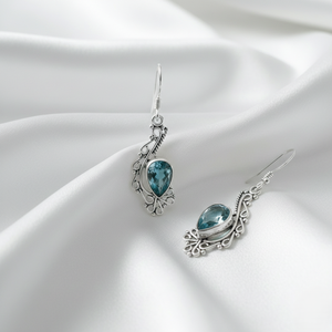 Pendientes Largos de Plata de Ley 925 con Topacio Azul Estilo Vintage, Diseño Nepalí, Joyería de Moda para Mujer, Mayorista - Product Image 3