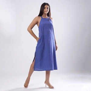 Femmes d'été femmes nouveau bohème sans manches bleu meilleur design robe de plage licou fendu genou longueur lin longue robe de plage - Product Image 1