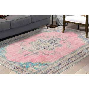 Floral Medallion Turkish Rug: <b>Pink</b> Bohemian Decor, Printed Rug,Chenille Rug - Product Image 2