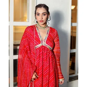 Conjunto de Salwar Kameez Bandhani Rojo Estilo Bollywood Pakistaní Vinaya, Tela de Chifón Puro, Ropa Étnica para Festivales, Cosido - Product Image 5