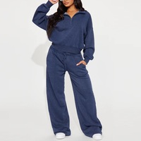Nouvel arrivage : Ensemble de survêtement d'hiver uni bleu marine pour femme, respirant, pour la gym et le fitness, tenue de sport décontractée, 100 % coton molletonné, séchage rapide