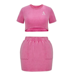 Camisas y faldas de algodón lavado ácido personalizadas OEM conjuntos de mujer logotipo personalizado verano Crop Top camisas y faldas conjuntos cortos de mujer - Product Image 1