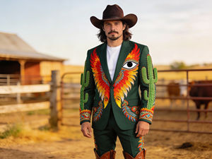 Ensemble de costume pour homme, style western, broderie florale violette, blazer et pantalon de style cowboy - Product Image 2