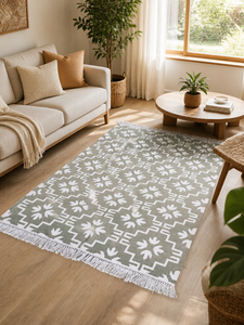 Tapis d'intérieur en coton tissé à la main, vert sauge, motif géométrique aztèque, avec franges, pour salon, décoration intérieure - Product Image 2