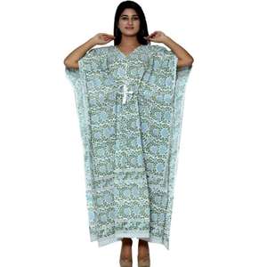Kaftan 100% algodón Handblock estampado Casual suelto hasta el suelo vestido con cinturón Simple uso diario lavable - Product Image 1