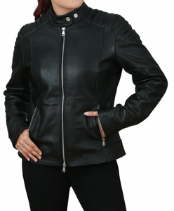 แจ็กเก็ตผู้หญิงแบบมีซิปแบบลำลองหนังแท้มีผ้ายีนส์ระบายอากาศได้ดีดีไซน์ใหม่ - Product Image 1