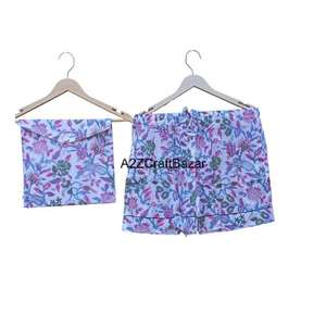 Ensemble de pyjama pour femmes en coton 100% pur, motif élégant, fermeture à cordon, tissu doux et lisse, vêtements décontractés d'été - Product Image 3