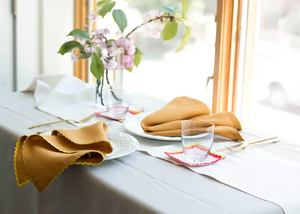 Serviette de table rectangulaire en lin <span class=keywords><strong>ocre</strong></span> jaune moderne classique faite à la main avec garniture jaune Ric Rac pour cadeau d'anniversaire ou décor de table - Product Image 4