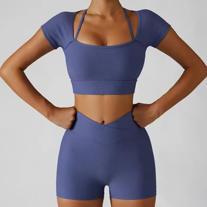 Ensemble de vêtements de sport pour femmes de haute qualité, ensembles de fitness pour la salle de sport, 3 pièces, soutien-gorge de sport, épaules inclinées, vêtements de yoga, ensemble de yoga, motif uni - Product Image 5