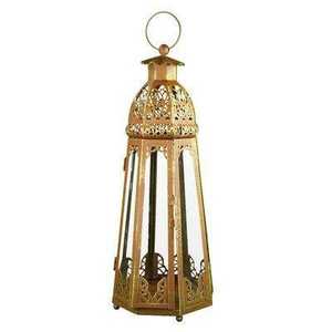 Lanterne marocaine longue dorée en fer forgé, faite à la main, taille et couleur personnalisables, conçue pour la décoration de table, offrant une lumière chaleureuse. - Product Image 1