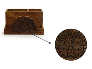 The Dancing Peacock Hand Carved Cutlery & Stationery Holder in Sheesham Wood Wooden Utensil Caddy Countertop Cutlery Holder - Product Image 5
