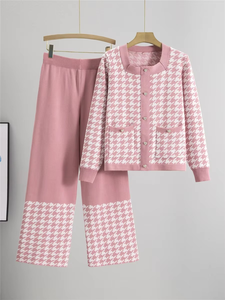 Conjuntos de 2 piezas de punto para mujer, suéter de punto de un solo pecho, cárdigan, Tops, Conjuntos hasta el tobillo, pantalones de pierna ancha, atuendo - Product Image 1