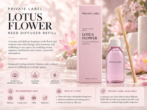 Private Label Lotus Flower Reed <b>Diffuser</b> Refill 200ml + <b>Sticks</b> | Floral Oriental Home Fragrance | OEM Manufacturer Spain - Product Image 3
