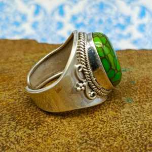 925 Sterling <b>Silver</b> Fine Quality Oval Shape Green Copper Turquoise Gemstone <b>Ring</b> All Sizes <b>for</b> Women <b>Men</b> with Diamond Main Stone - Product Image 3