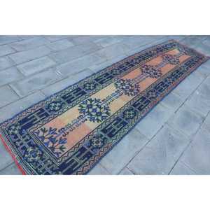 Turkish Vintage Rug, 2.8x12.8 ft <b>Runner</b> Rug, Blue <b>Red</b> Persian Rug - Product Image 3