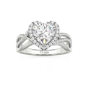 Bague de fiançailles en platine personnalisée avec halo en forme de cœur et trois bandes torsadées - Product Image 3