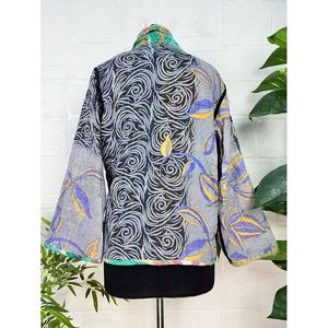 Handstitched Boho Chic <b>Vintage</b> Kantha Stitch Dori Jacket One-of-a-Kind Reversible Short <b>Coat</b> with <b>Stand</b> Collar Woven Fabric - Product Image 5