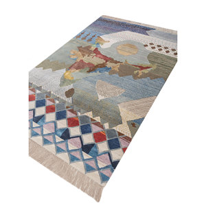 Tapis rectangulaire Manchaha bleu en laine et soie de bambou noué à la main 10 mm pour couloir et maison - Modèle Les-2651 Abstrait Fait main - Product Image 2