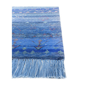 Alfombra Manchaha Azul de Lana y Seda de Bambú Anudada a Mano, 10 mm de Grosor, Patrón Geométrico Abstracto para el Hogar, Pasillo, Modelo Rectangular-Les-2567 - Product Image 4