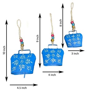 Juego de 3 campanas de metal azules pintadas a mano con cuerda de cuentas para colgar en la pared rústica decoración del jardín del hogar y vibraciones festivas - Product Image 3