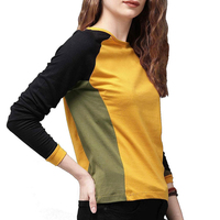 Camiseta de Algodón para Mujer, Venta al Por Mayor, Logotipo Personalizado, Bloques de Color, Manga Larga, Cuello Redondo, Proveedor OEM, Fabricante al Por Mayor