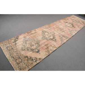 Turkish Vintage <b>Runner</b> Rug 3.1x12.7 ft, Brown <b>Red</b> Striped Rug - Product Image 3
