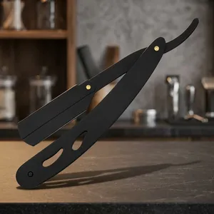 Rasoir droit noir MORGANS INDUSTRIES, lame en acier inoxydable, manche en acier inoxydable, lame unique pour hommes, salon de coiffure, extérieur - Product Image 1