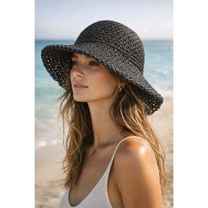 Black Imported Hand-Woven Straw <b>Hat</b> Hsr2083 - BLACK - Product Image 6