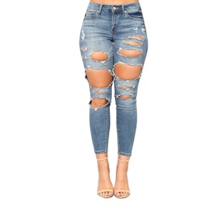 Pantalones vaqueros azul claro holgados superventas, nueva llegada, pantalones vaqueros rasgados de pierna ancha para mujer, diseño de algodón Sexy informal, precio al por mayor - Product Image 2