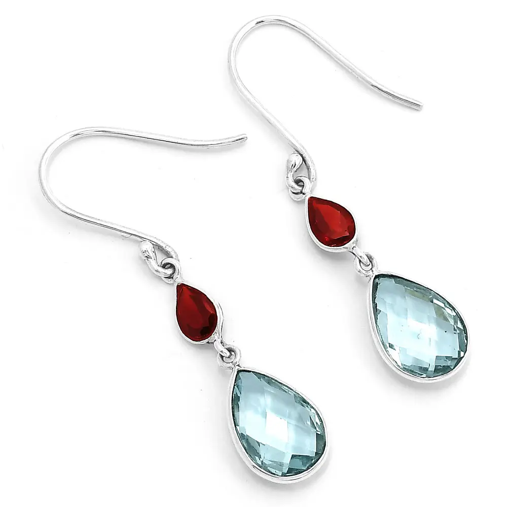Faceted Sky Blue Topaz Briolette & Garnet 925 Silver Earrings Jewelry SDE63900 E-1006 Pear Shape Gemstone Faceted Earring