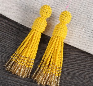 Yellow & Gold Ombre Beaded Tassel Earrings, Oscar De La Renta Earrings Quality <b>Emerald</b> Green Beaded Tassel Earrings - Product Image 2