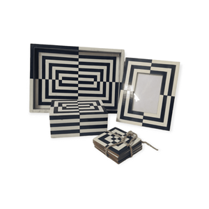 Black & White Large Inlay Resin & MDF Rectangular Tray Hand-carve Indian Artisans Home Anniversary Party Snacks Serving Platter - Product Image 4