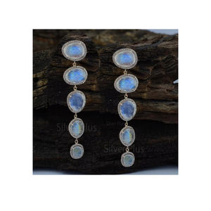 Genuine Moonstone <b>Diamond</b> <b>Dangle</b> <b>Earrings</b> Solid 14K Yellow Gold Jewelry Manufacturer - Product Image 5