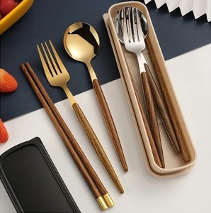<b>Set</b> of 5 Pieces Metal Silver and Gold <b>Flatware</b> <b>Sets</b> With Wooden Slim Handle for Wedding Special Dinner Cutlery <b>Sets</b> - Product Image 4