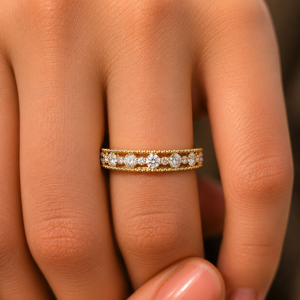 Round Cut Alternating Lab Grown Diamonds <b>Rings</b> DEF VVS 14K 18K Yellow Gold Vintage Milgrain Wedding Band OEM Wholesale Supplier - Product Image 2