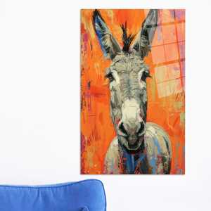 Arte de pared en lienzo de burro colorido: Impresión de retrato de granja caprichosa para decoración rústica, arte en vidrio templado - Product Image 1