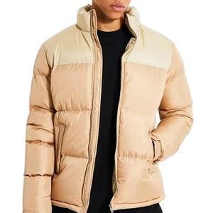 Color Block Two Tone Beige Oversized Fit Winter Bubble <b>Padded</b> Coat <b>For</b> Street Fashion Casual Wear Fashionable Style Men Jackets - Product Image 1