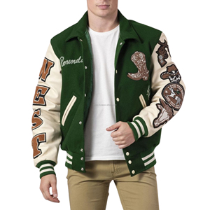 Veste universitaire western unisexe, corps en laine, manches en cuir, col rond, patchs de cowboy, broderie patchwork, écologique, vintage, rodeo - Product Image 1